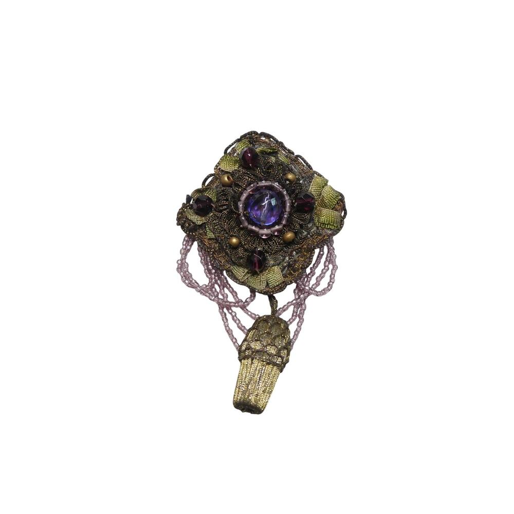 Vintage Artist Made Brooch with Antique Silk & Beads